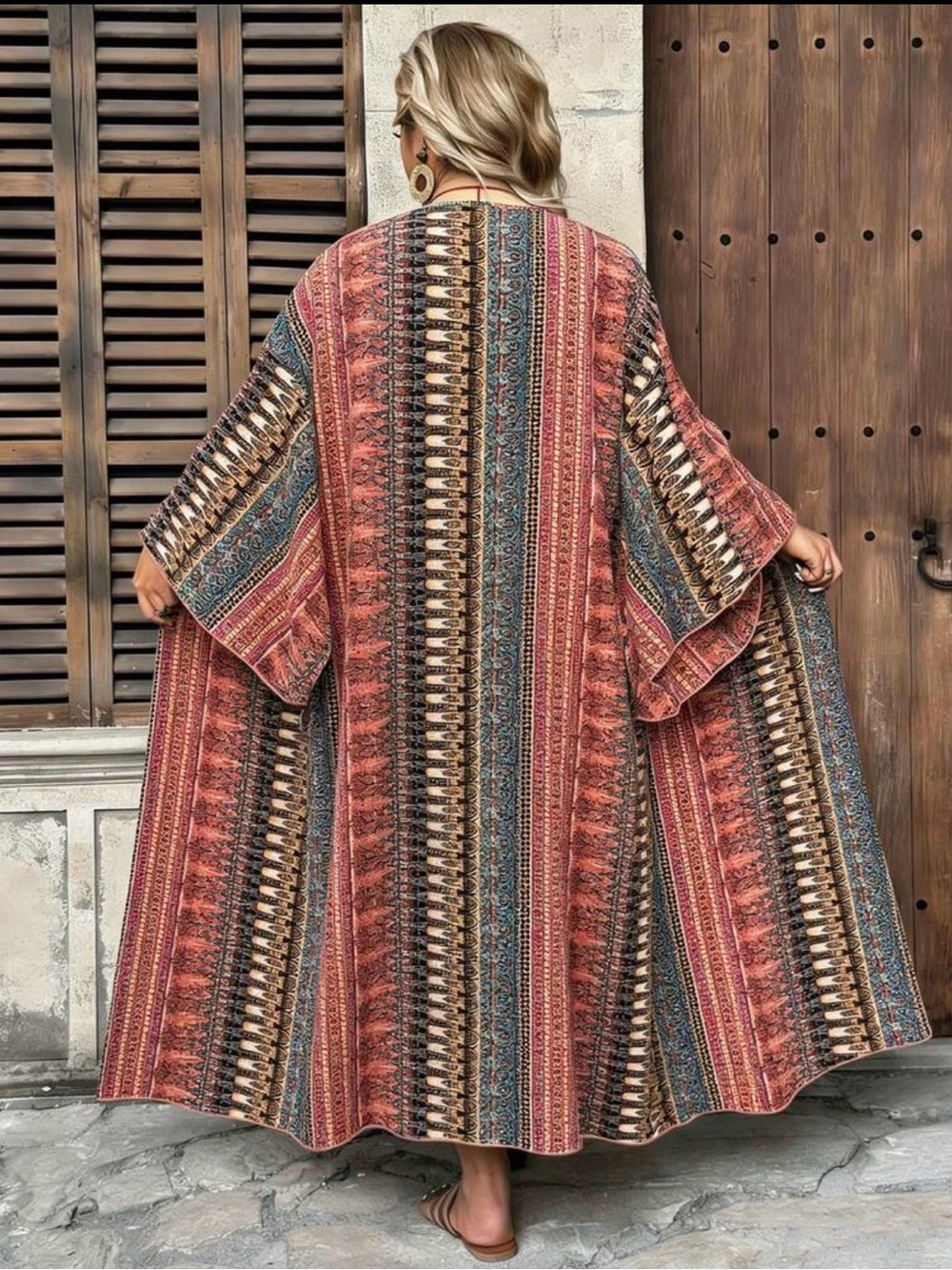Printed Open-Front Bohemian Kimono in Rust Multi